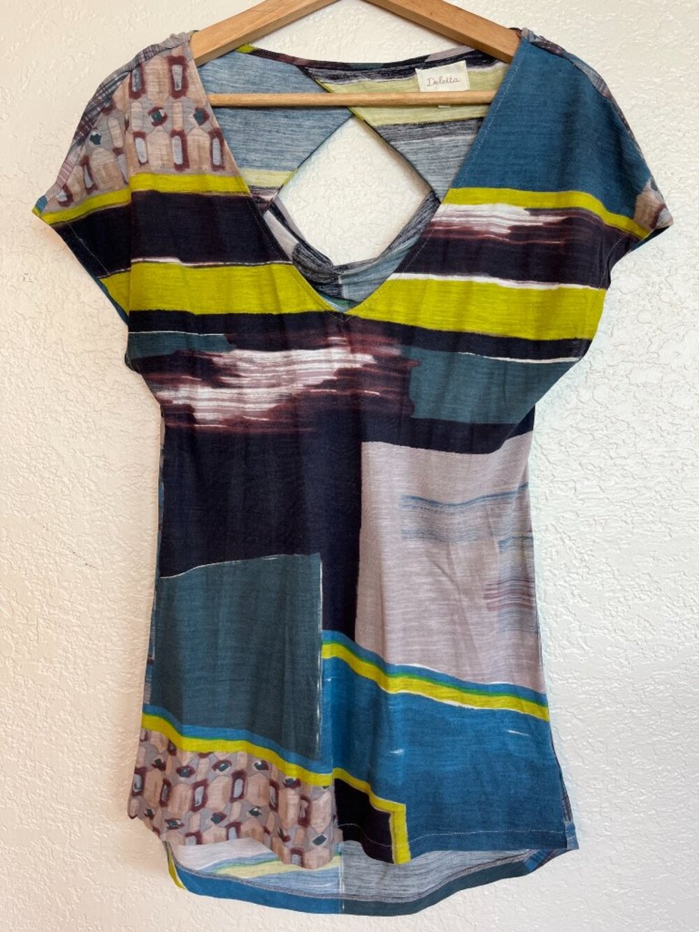 Anthro Deletta Geometric Print Short Sleeve Multi Color Top, Size S
